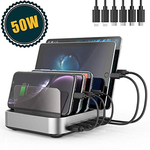 USB Charging Stations - Seenda 5 Port 50W 10A USB Charging Dock Organizer Multi Device USB Charging Station with 8 Cables(4 Lightning 2 Type-C 2 Micro Cables) for Tablets, Smartphones - Black