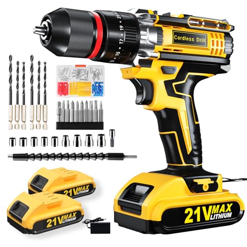 Cordless Hammer Drill Set, 21V Impact Drill Driver and Screwdriver Set with 2 Batteries, 25+3, 10mm Heave Duty DrillChuck, 2 Speed Power Combi Battery Drill Set with 87 Accessories for Home DIY Gift