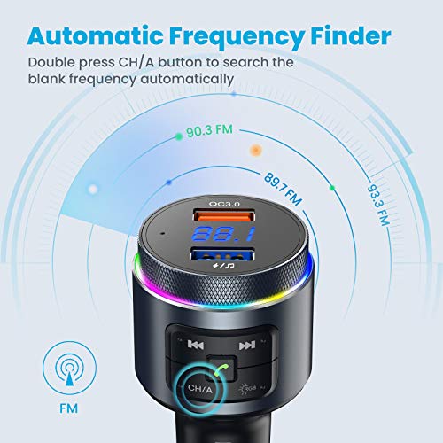 Upgraded Bluetooth FM Transmitter for Car, VT Auto-Tune Bluetooth Car Adapter, 2 Microphones & QC3.0 Bluetooth Radio for Car/Music Player/Car Kit with Big Knob Button, 9 Colors LED Backlit
