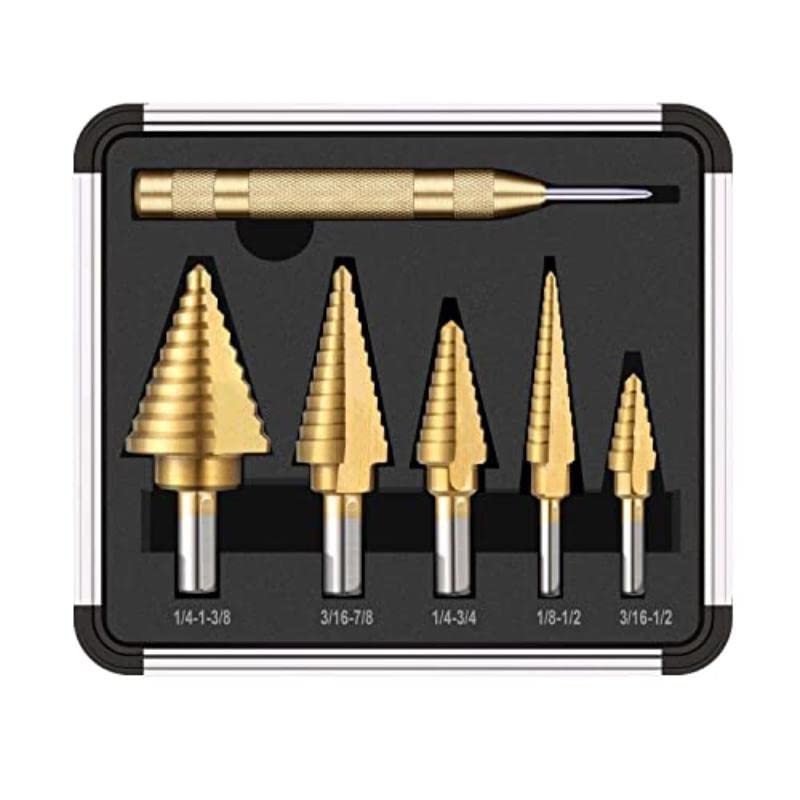 HSS Titanium Step Drill Bits with Automotive Center Punch, 50 Sizes High Speed Steel Step Bit Set for Sheet Metal with Aluminum Case (5PCS Step Drill + 1PC Center Punch)