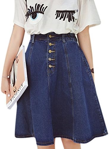 Krralinlin Women's Button Front Denim Skirt High Waisted A-Line Pleated Midi Skirt