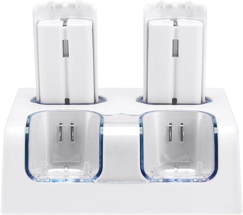 Pekyok 4 in 1 charging station for wii remote, LU10 Wii Remote Charger Charging Dock Station With Four Wii Rechargeable Batteries and LED illumination For Nintendo Wii Remote Controller-White