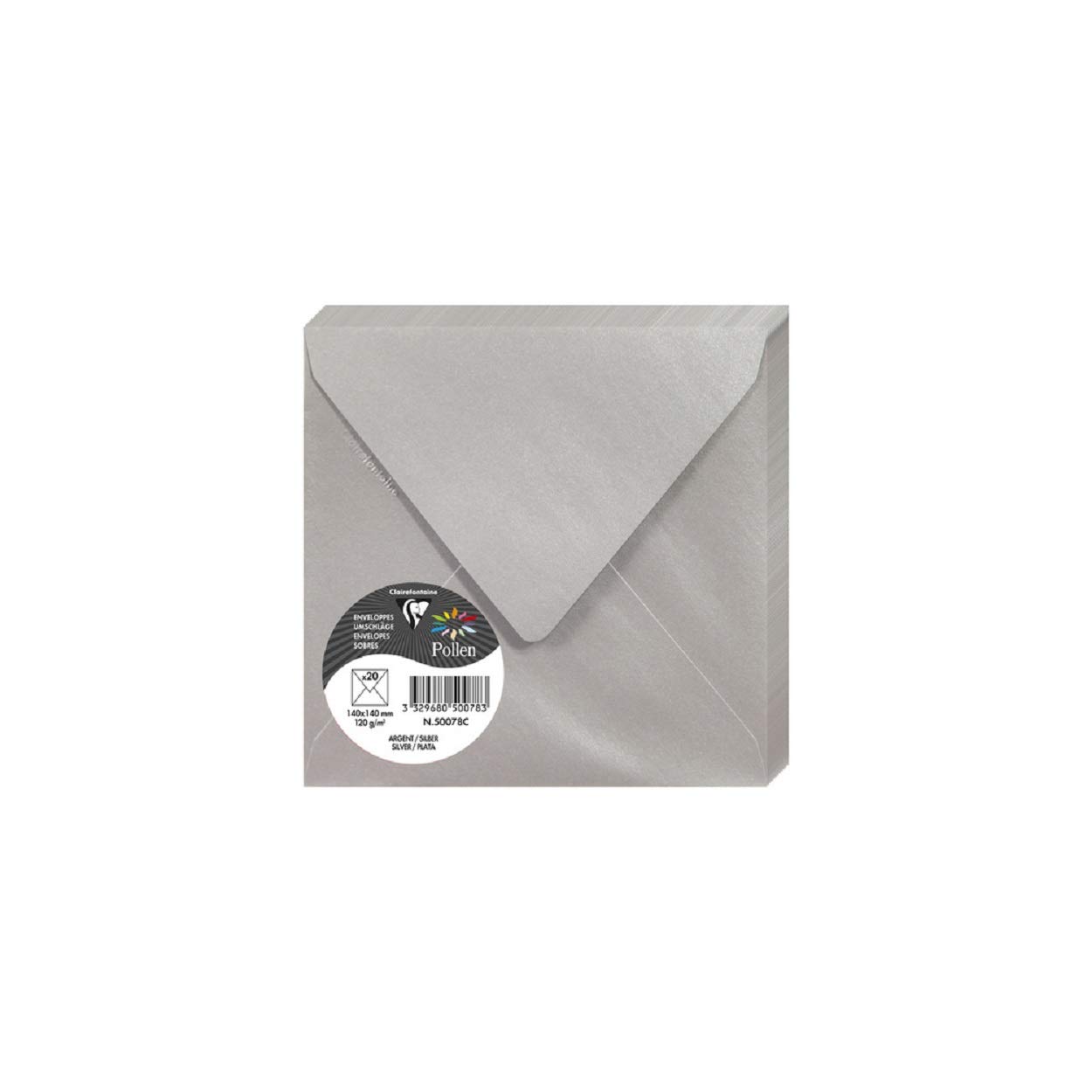 Clairefontaine 50078C Silver Iridescent Paper Pack of 20 Gummed Envelopes Square (14x14cm) 120gsm Invitation Events Correspondence Pollen Range Premium Smooth