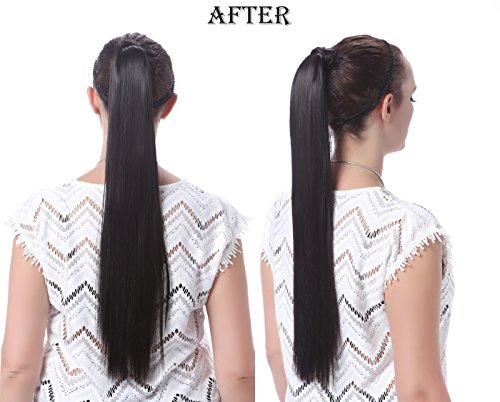 OneDor 24" Straight Wrap Around Ponytail Extension for Woman Synthetic Hair 120g-130g (1B# Off Black)