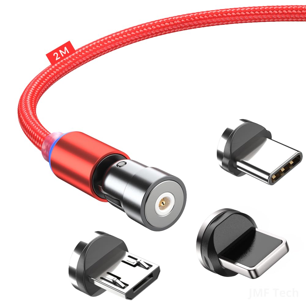 Magnetic Charging Cable 3 in 1 Magnet USB Cable 360 ° + 180 ° Rotating Charging Cable 2.4A 1M/2M Nylon Braided Magnetic Cable Compatible with Micro USB,Type C/USB C,I-Phone,phone, Tablets (2M-6ft-Red)