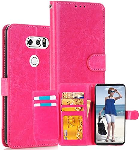 LG V30 Case,Luxury PU Leather Wallet Flip Protective Case Cover with Card Slots,Magnetic Closure and Stand Holder for LG V30(2017) (Hot Pink)