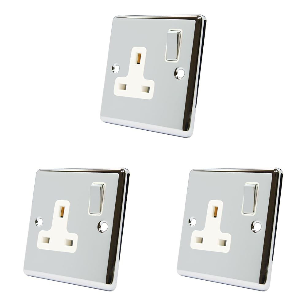AET CPC1GSOCWC Polished Chrome Classical 1 Gang White Insert Metal Rocker Switch-13 Amp Single Plug Socket, 240 V (Pack of 3)