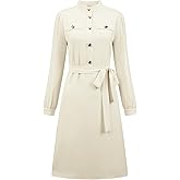 Hobemty Women's Button Up A-Line Dress Puff Long Sleeve Tie Waist Business Casual Knee Length Dresses