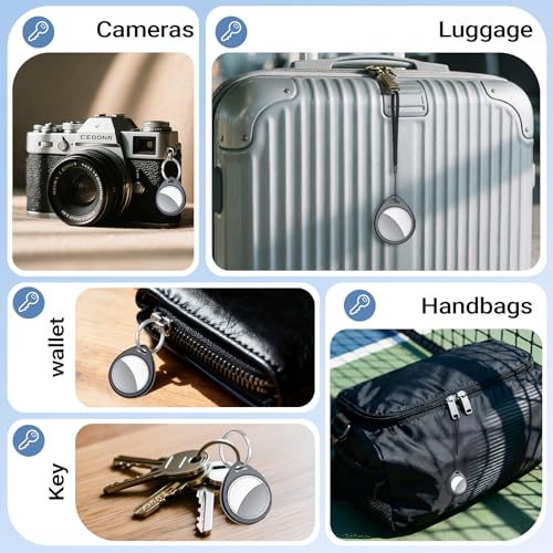 QCOQ Air Tags 4 Pack, Smart Key Finder Work with Find My (iOS Only), 100dB Bluetooth Tracker, Smart Tag with Keychain/Lanyard, Item Finder for Luggage/Key/Suitcases, Replaceable Battery