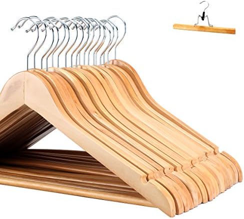 MEQUTION Solid Wood Suit Coat Hangers, Non-slip Design with Hanging Bar for Coats, Suit, Jackets, Shirts, Pants. Set of 20 in Natural Finish