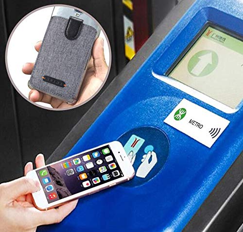 Card Holder for Back of Phone RFID Blocking 5 Pull Credit Card Cash Cell Phone Wallet Pocket Canvas Pu Leather Stick-On ID Case for iPhone/Android/Samsung/Smartphones (Black)