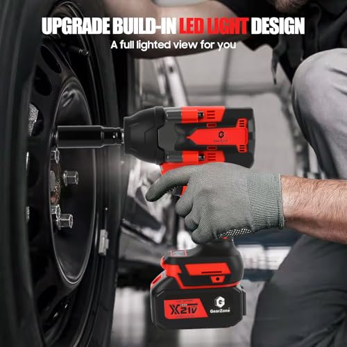 GearZone Cordless Impact Wrench 1/2 Inch, 1000 N.m Brushless Impact Gun Come with 2pcs 21V Batteries, 2800 RPM High Torque Electric Power Impact Driver Set for Car Home-Red