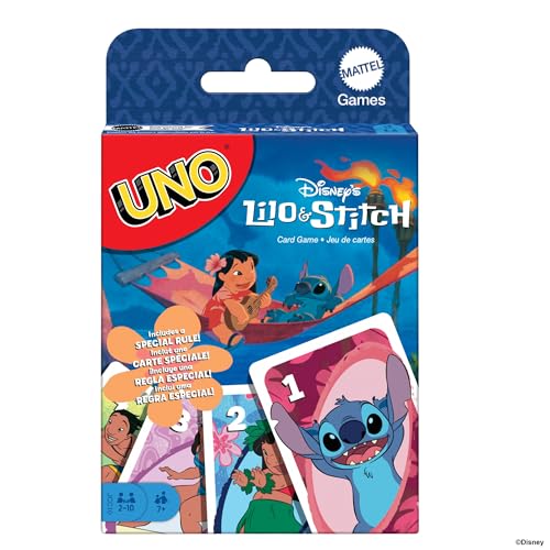UNO Disney Lilo & Stitch, Juego de cartas con regla especial Ohana, inspirado en los personajes de la película, Juego de mesa familiar, juguete regalo para niños y niñas +7 años, JCC10