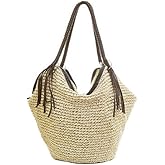 QTKJ Soft Large Straw Shoulder Bag with Brown Charm Leather Tassels, Boho Leather Handle Tote Retro Summer Beach Bag Rattan Handbag (Beige)