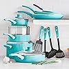 GreenLife Soft Grip Non-Stick 16 Piece Cookware Pots and Pans Set, PFAS Free, Diswasher Safe, Turquoise