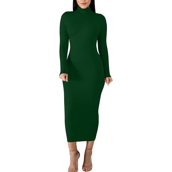 SOMTHRON Women's Turtleneck Long Sleeve Bodycon Maxi Dress - Stretchy Slim Fit Pencil Dress For Party & Club - View #3