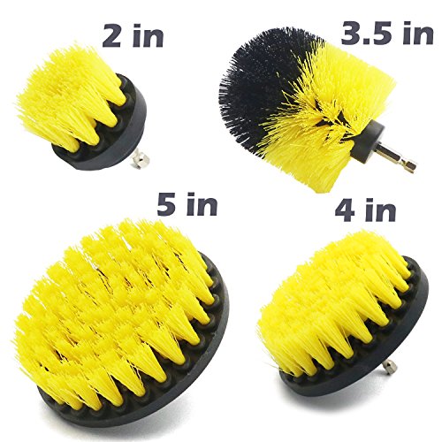 JIWINNER 4 Piece Medium and Stiff Brush with Drill Attachment Scrubbing Brushes for Cleaning Car Tires,Carpet, kitchens,Bathrooms, Showers, Tubs, Boats Power Scrubber Kit