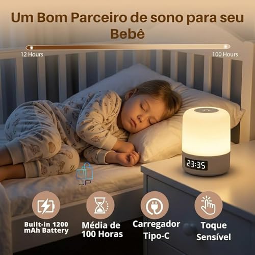Luminária de Mesa LED Recarregável com Relógio Digital e Controle Remoto, Abajur Touch Ajustavel Sem Fio Portátil, Luz Noturna para Quarto Infantil, Berçário Escritório e Criado mudo