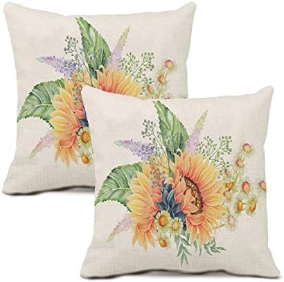 linyangpt Pack Of 2 Throw Pillows Covers bolster cushion case Faux Linen Effect Sunflower pattern