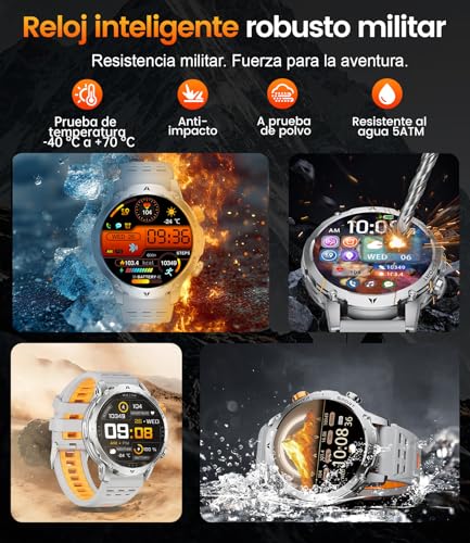 EF24-D Men's Smart Watch with 1000 mAh/Flashlight/Bluetooth Call, 1.7 Inch Military Smartwatch with 110+ Sports Modes, IP68 Waterproof, Heart Rate, Android iOS, 3 Bracelets+2 Chargers