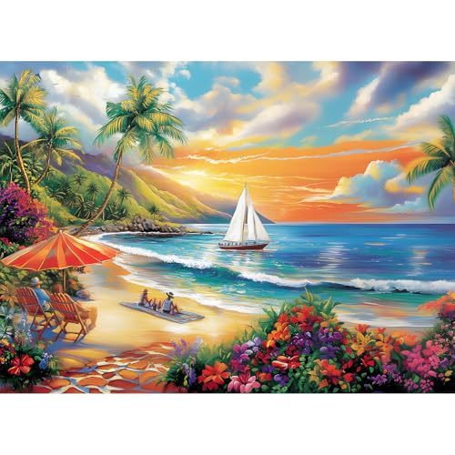 300 Pieces Puzzles for Adults, Summer Beach Jigsaw Puzzles 300 Pieces Puzzles for Adults Kids, Colorful Sunset Boat Jigsaw Puzzles, Birthday and Holiday Challenging Gift Toy 20.5x15 in