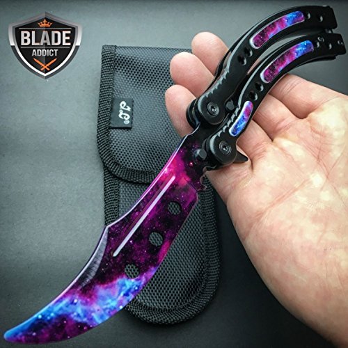 CS:GO GALAXY BLACK PEARL Doppler Practice Knife Balisong Butterfly Tactical Combat Trainer w/Sheath (Limited Edition) + Free CSGO Dog Tag Necklace