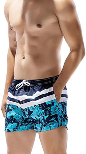 Mens Swim Trunks Swimming Briefs Beach Shorts QuickDry Swimwear Swimsuit Pocket Stripe Blue M