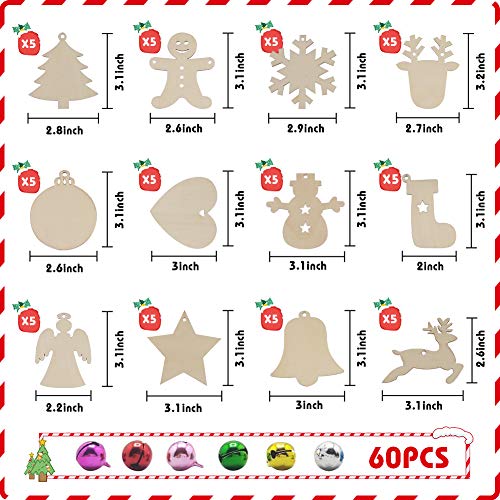 LovesTown 60 Pcs Unfinished Christmas Wooden Ornaments, Unpainted Christmas Ornaments 12 Styles Craft Wood Kit with 60 Pcs Colored Jingle Bells DIY Christmas Ornaments for Holiday Decoration