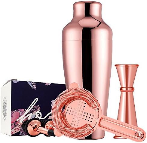 Cocktail Shaker 5 Piece Bar Tool Set includes 20 oz Parisian Shaker, 1/2oz Japanese Jigger, Hawthorne Strainer, 2 Pour Spouts Stainless Steel Copper Plated by Homestia