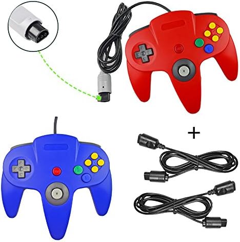Koalud 2 Packs Classic Retro Wired Gamepad Controllers with 2 x 6ft Extension Cables For Nintendo 64 Nintendo64 N64 console(Red and Blue)