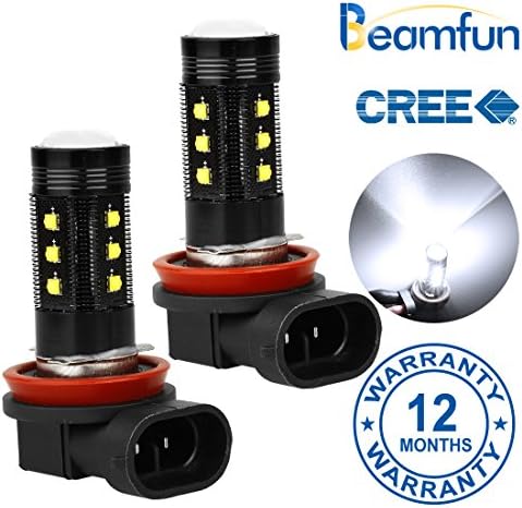 BEAMFUN H8 H11 Fog Light Bulbs LED DRL CREE XB-D Chipset 15-SMD 75W 6500K with Projector Lenses, White Color, 2 Pack