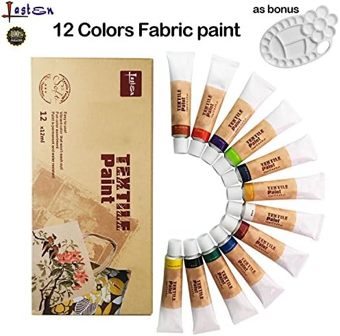 Lasten Fabric Paint Set With Palette, Permanent Textile Paint Art dye for Fabric,canvas,wood,ceramic,glass ,T-shirts, Clothes (12 colors X 0.4 fl.oz)