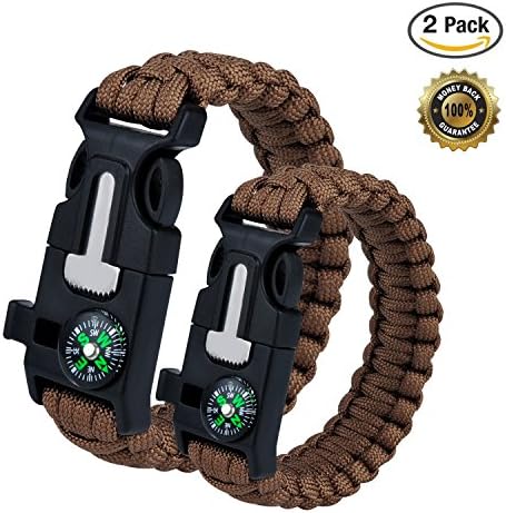 2PCS Survival Bracelet, Outdoor Survival Paracord Bracelet Kit with Compass, Whistle, Knife, Flint Fire Starter for Camping Hiking Fishing Running
