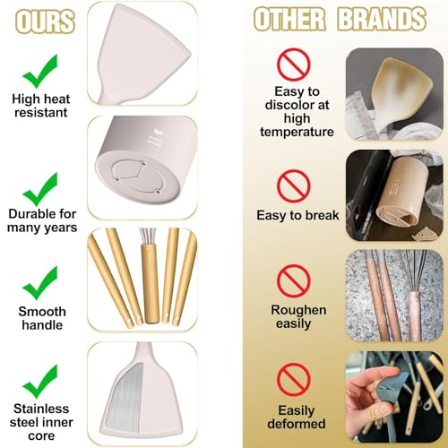 35Pcs Silicone Cooking Utensils Set, Kitchen Utensils Set, Chef Heat Resistant Kitchen Utensil Spatula Set for Nonstick Cookware, Wooden Handles Kitchen Gadgets Tools Set (Khaki)