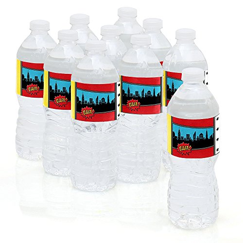 BAM! Superhero - Baby Shower or Birthday Party Water Bottle Sticker Labels - Set of 10