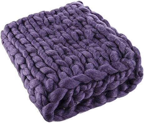 QiaoShiRen Winter Warm Comfortor, Hand Knitted Chunky Blanket Thick Yarn Merino Wool Bulky Knitting Comfortable Throw Blankets Perfect for Indoor Use Purple 60 60cm