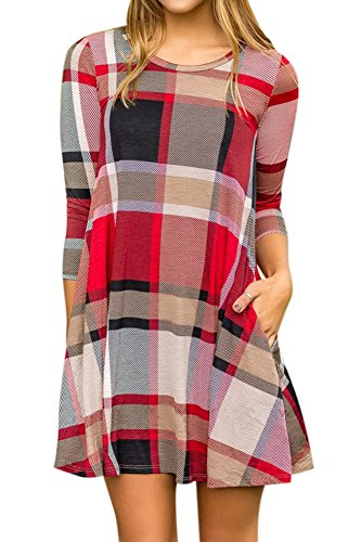 Women's Plaid Printed 3/4 Sleeve Flared Round Neck Casual Loose Tunic Dress With Pocket Red XL