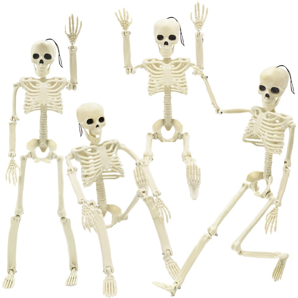 Photo 1 of 4 Packs Posable Halloween Skeleton, Full Body Skeleton Decoration Movable Posable Joints Skeletons, Scary Plastic Skeleton Halloween Skull Decor for Yard Garden Lawn Haunted House Graveyard Props