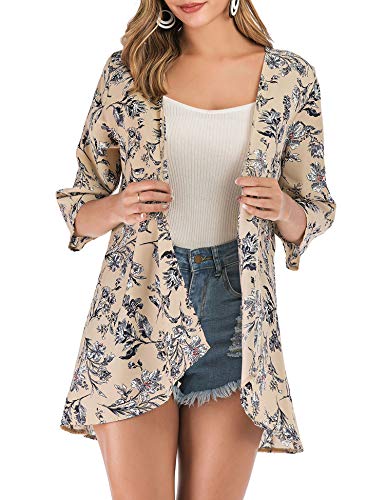 PopStore Women's Floral Print Sheer Kimono Cardigan Capes Chiffon 3/4 Sleeve Patchwork Casual Cover up Blouse Tops Beige