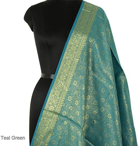 Indian Art Silk Woven Zari Brocade Long Stole Banarasi Dupatta Shawl Teal Green