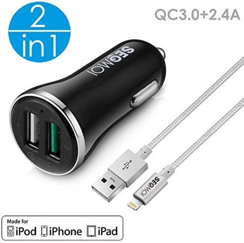 2in1 SEGMOI [Apple MFi Certified] Lightning To USB Cable 3ft/1M Nylon Braided Cord + Dual USB Quick Charge 3.0 Car Charger for iPhone X 8 8 Plus 7 7 Plus 6 6S 6 Plus 5 5S SE (Black-Silver)