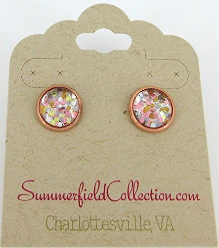 Rose Gold-tone Pearly Silver and 5 Metal Glitter Glass Stud Earrings Hand-painted 10mm