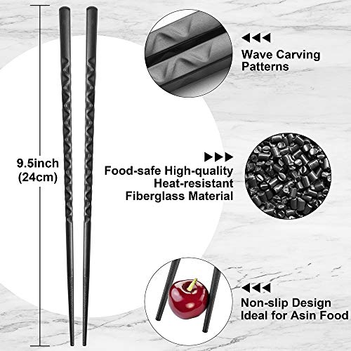 BLESWIN 5 Pairs Fiberglass Chopsticks, Reusable Chop Sticks Dishwasher Safe Japanese Chinese Style, Chopsticks Set 9.5 Inches Anti-Slip Textured Tip with Box, Easy Grip for Sushi Noodles Ramen Salad