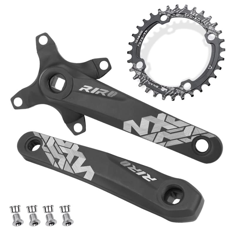 splumzer Mountain Bike 170mm Square Crankset with 104 BCD 32/34/36/38T Chainring, Aluminum Alloy MTB Crank Narrow Wide CNC Round Chainring Bolts (32T)