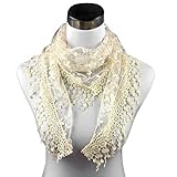 Bolayu Fashion Lace Tassel Sheer Burntout Floral Print Triangle Mantilla Scarf Shawl (Beige)