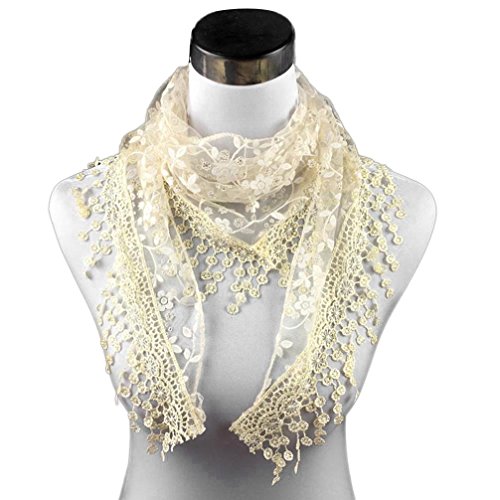 Bolayu Fashion Lace Tassel Sheer Burntout Floral Print Triangle Mantilla Scarf Shawl (Beige)