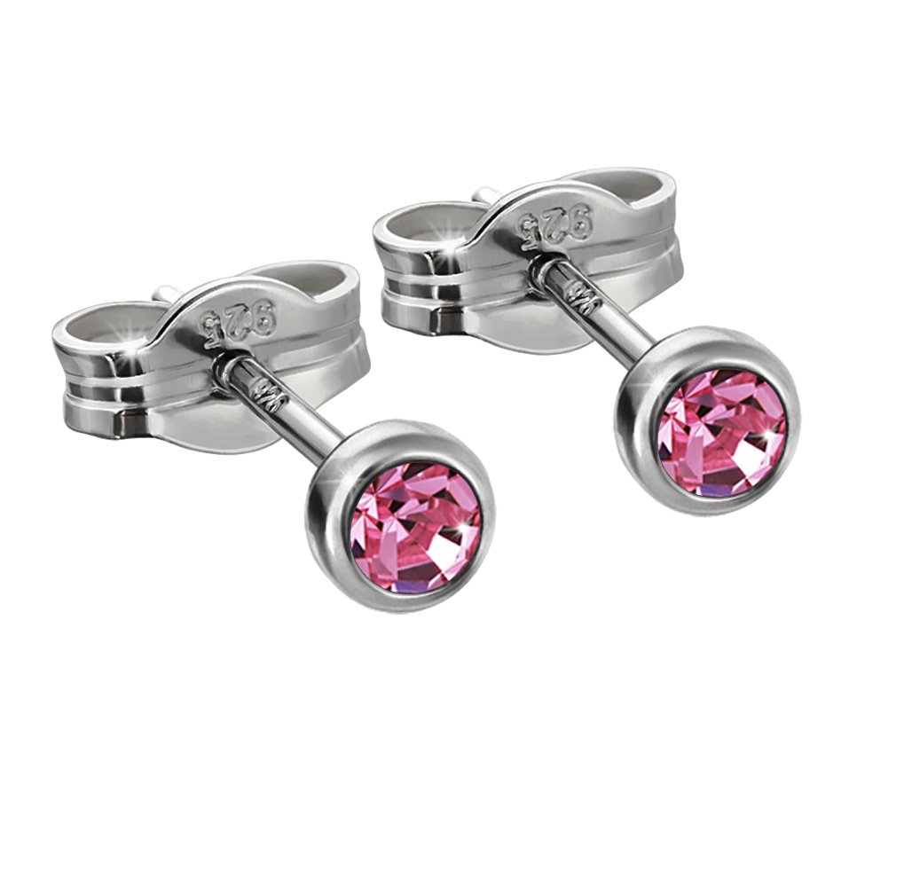 NKlaus silver pair of stud earrings 925 sterling silver rhodium plated 3,50mm pink zirconia ladies men 6567