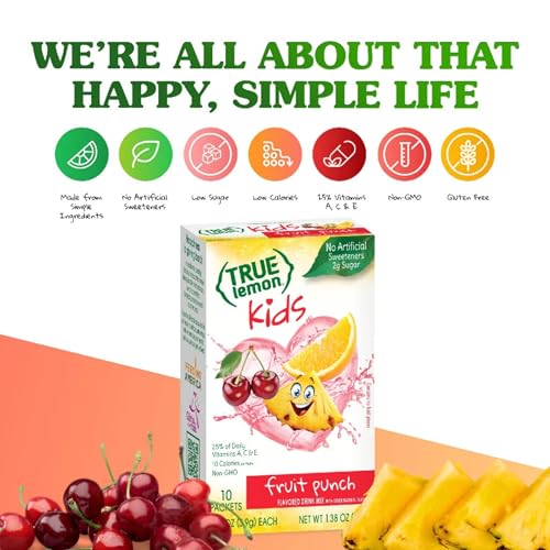 TRUE LEMON, FRUIT PUNCH PACKETS LOW SUGAR NO PRESERVATIVES KIDS HYDRATION DRINK MIX, 1.38 OUNCE