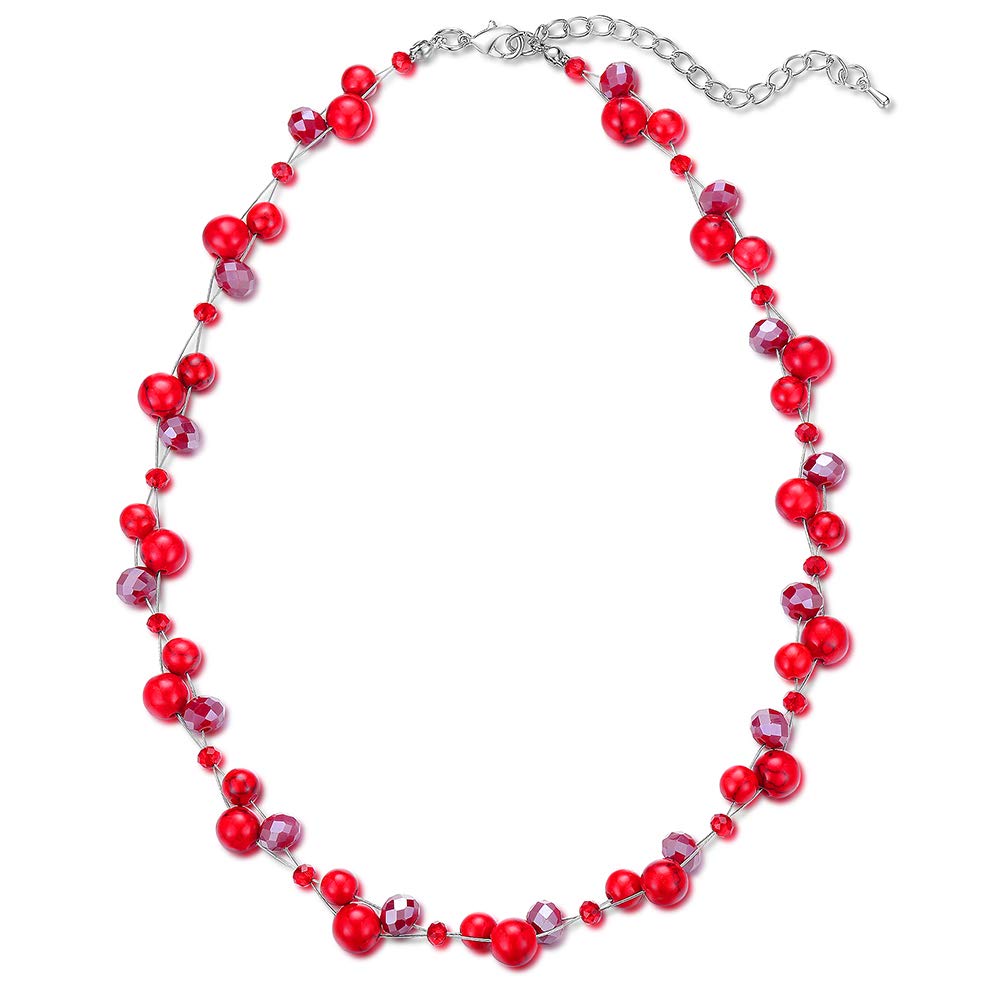 BULINLIN Short Beaded Pearl Necklace for Women, Silver Handmade Statement Necklace with Crystal Beads Fashion Jewellery Birthday Gifts for Her(Red)