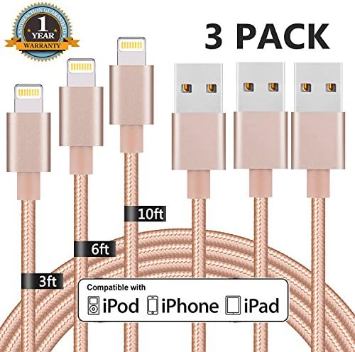 Everdigi iPhone Charger, 3 Pack 3FT 6FT 10FT Lightning Cable Nylon Braided Charging Cable Cord Compatible with iPhone X/8 Plus/8/7 Plus/7/6s Plus/6s/6 Plus/6/5s/5/5c/SE/iPad/iPod and More (Gold)